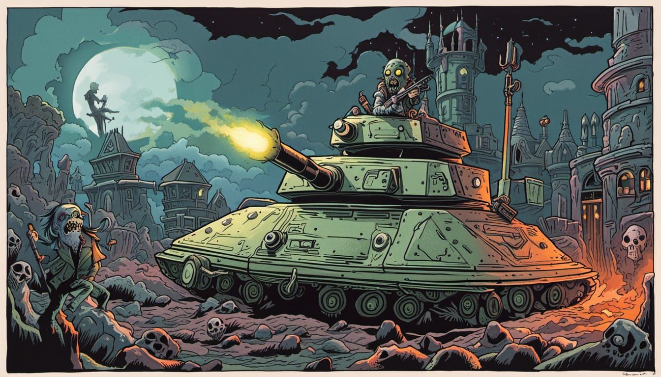 Metalhead Zombie in Ghost Tank: Cartoon Illustration