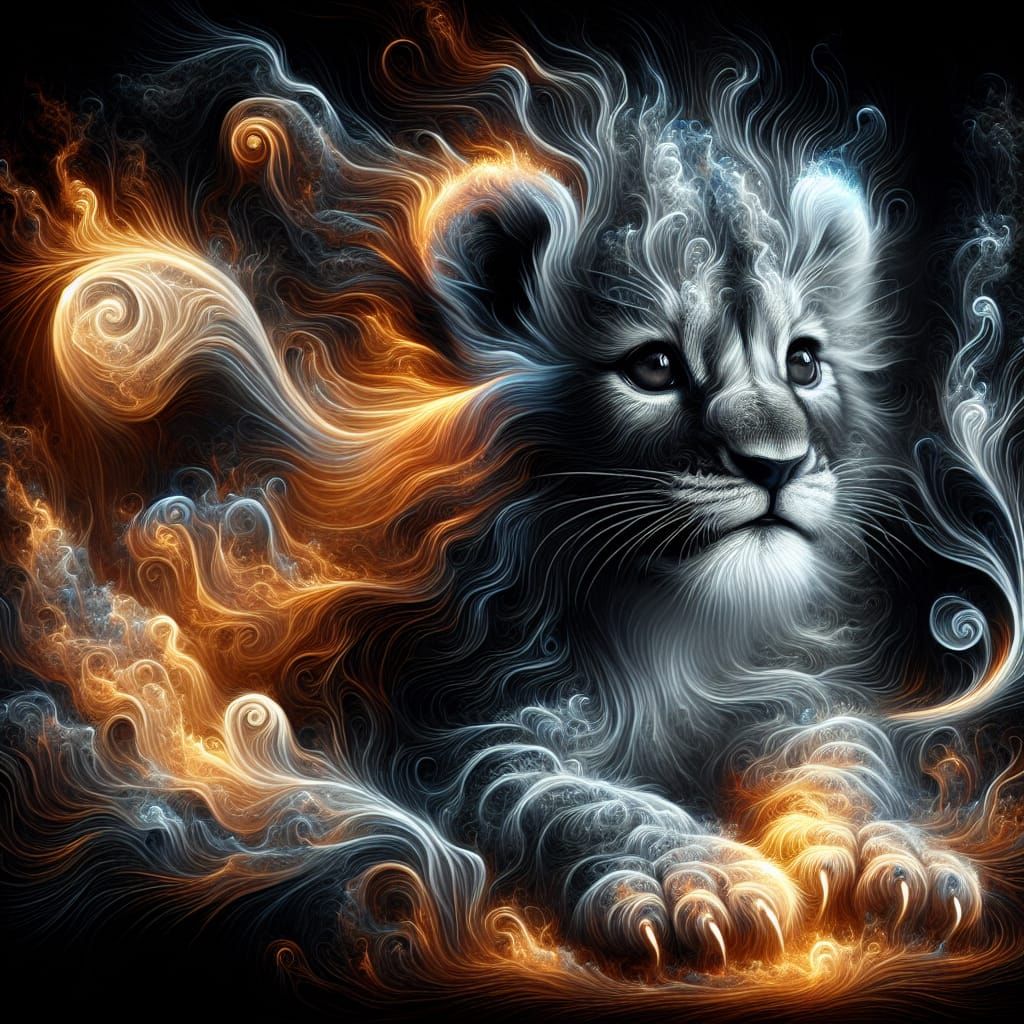 Fiery Lion Cub Portrait in Khokhloma Style