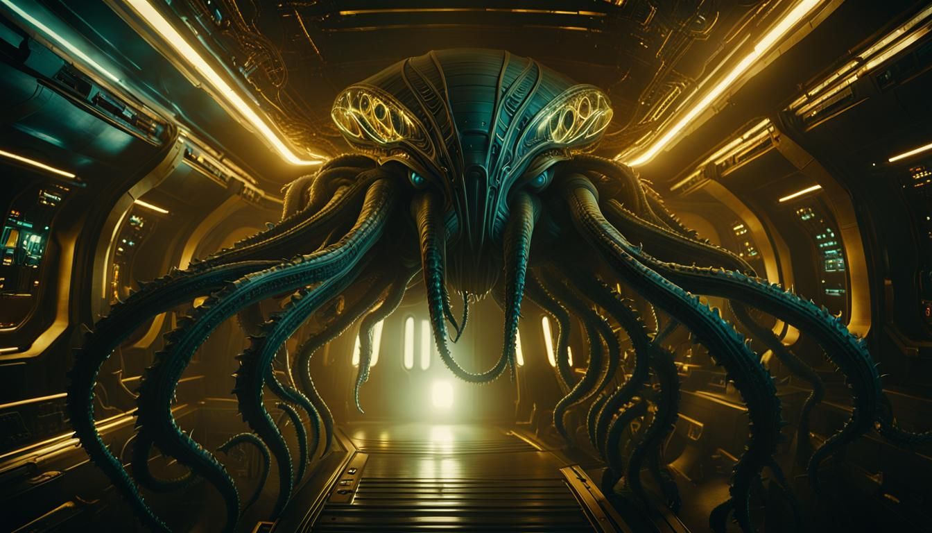 Amorphous Alien in Spaceship: Hyperrealistic Sci-Fi