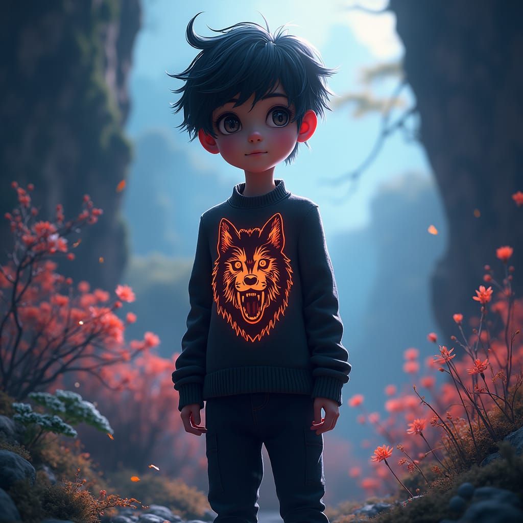 Boy with Wolf Sweater in Dreamlike Scene