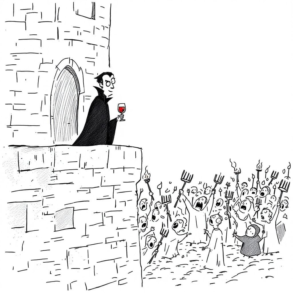 Funny Vampire Confused by Angry Villagers, Minimalist Cartoo...