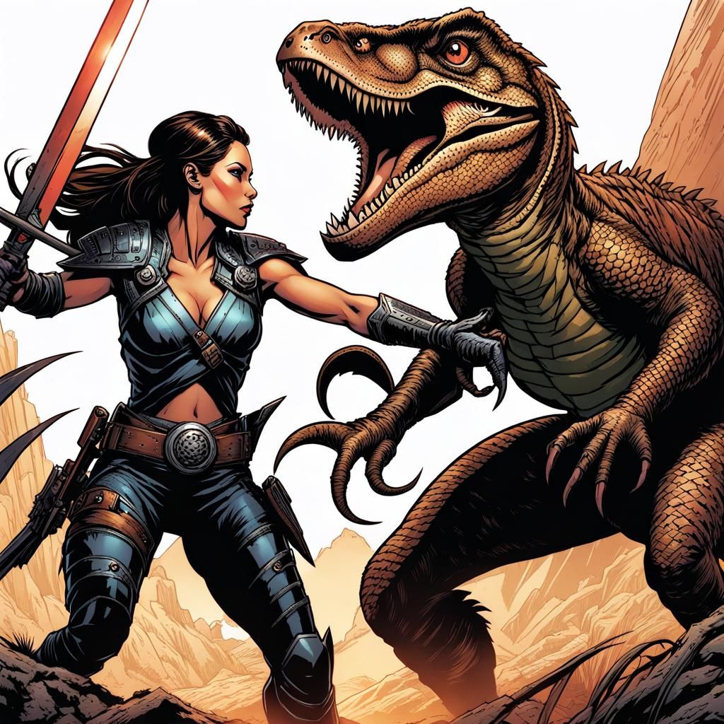 Armored Woman and Lizard Beast in Comic Art