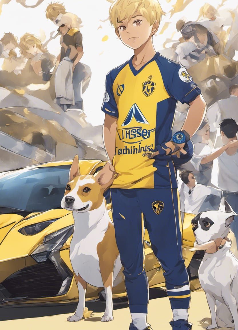 Boy, Dog, and Gold Lamborghini in Anime Style