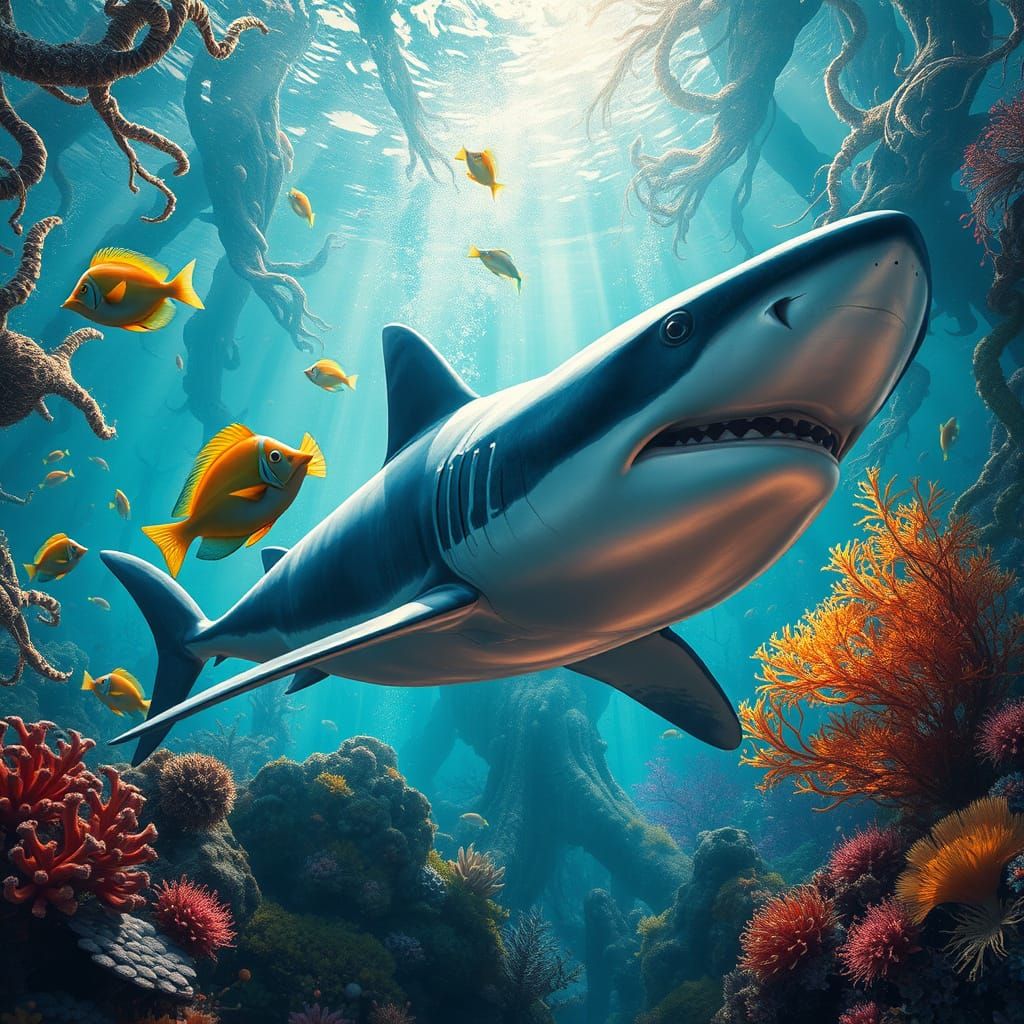 Thriving Underwater World with Majestic Shark and Exotic Fau...