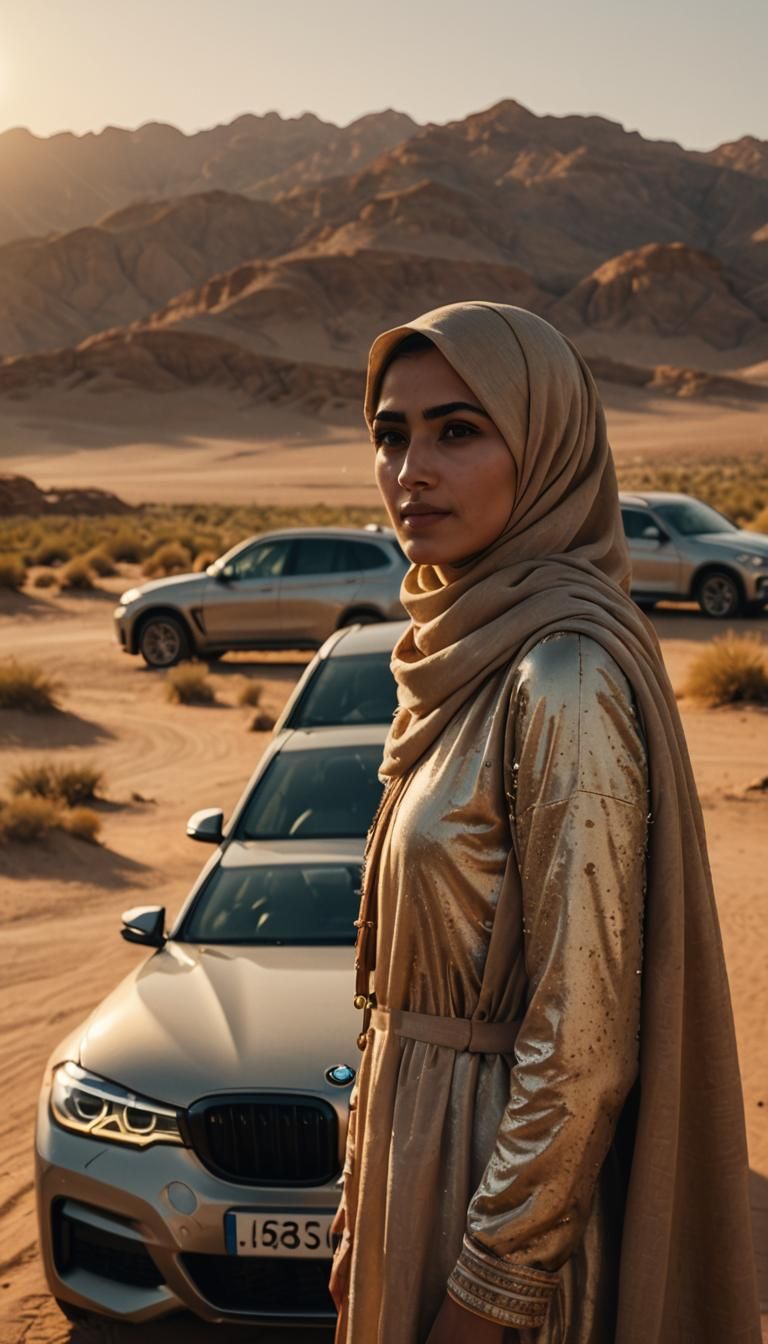 Arabian Woman and BMW in Golden Desert Landscape