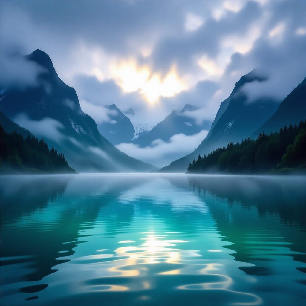 Emerald Peaks Submerged in Fog with Reflecting Lake