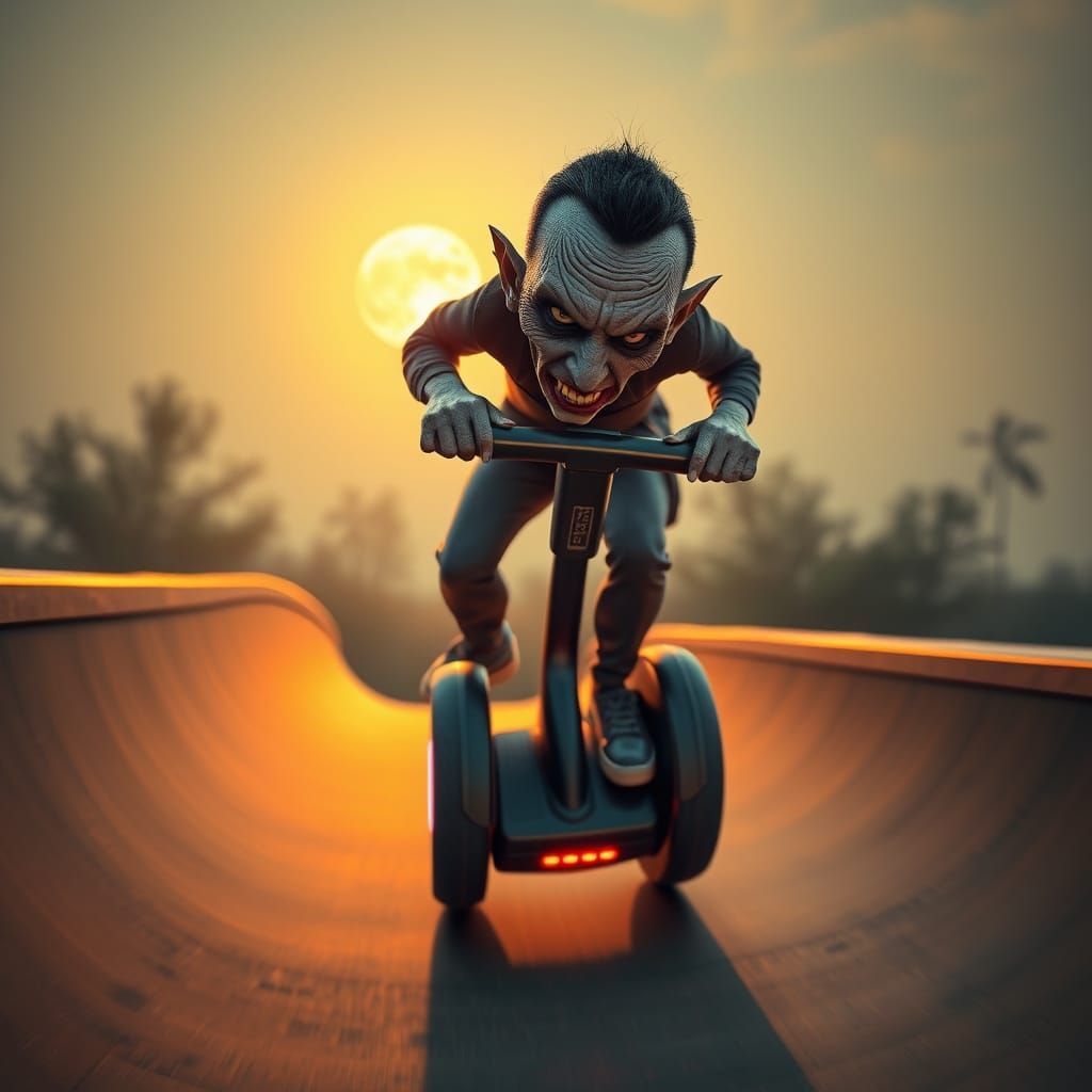 Vampire riding Segway on Skateboarding Ramp