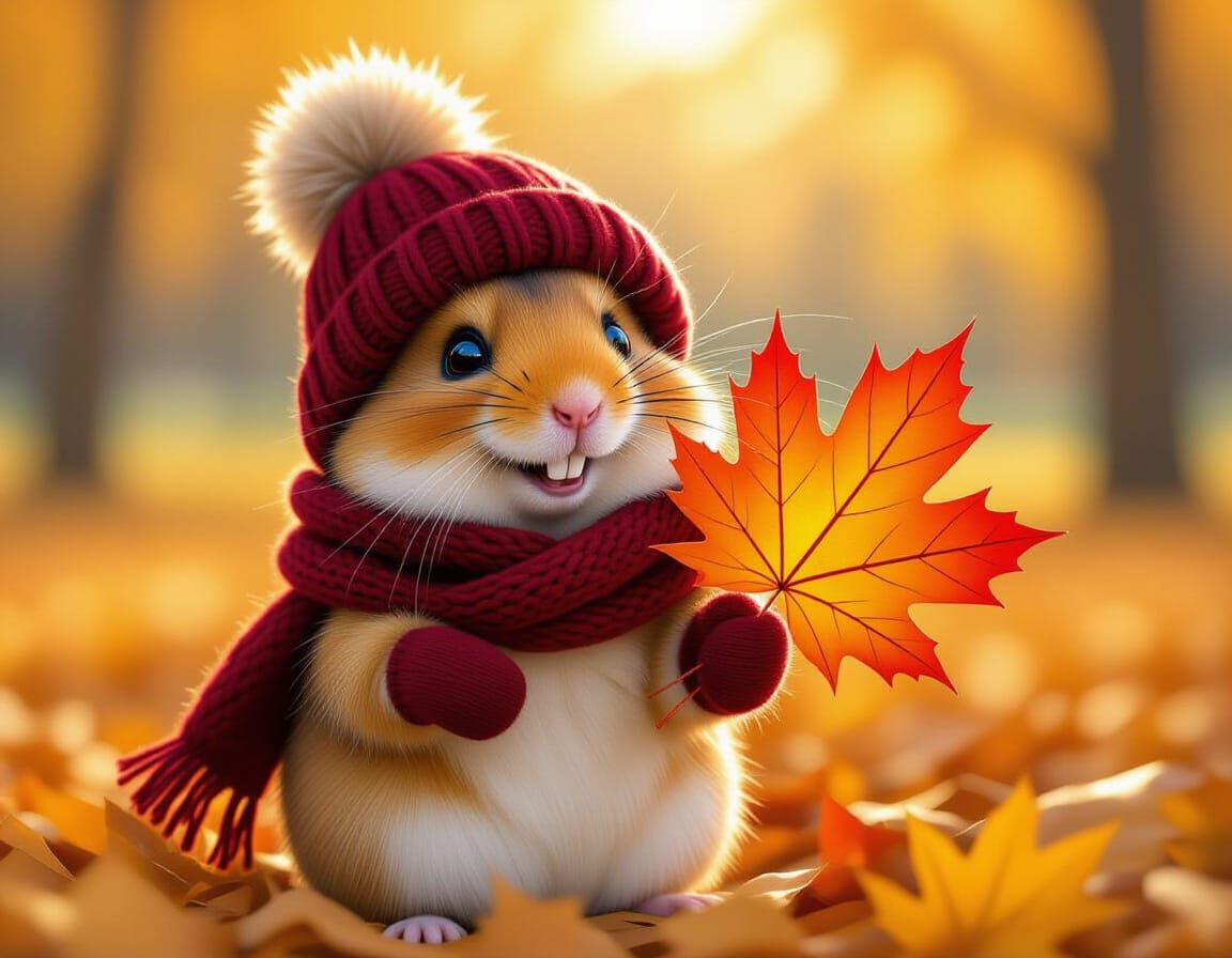 Hamster in Burgundy Hat Holds Maple Leaf in Autumn Park