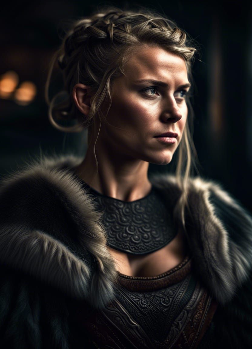 Viking Woman in Fur-Lined Dress: Hyperrealistic Portrait