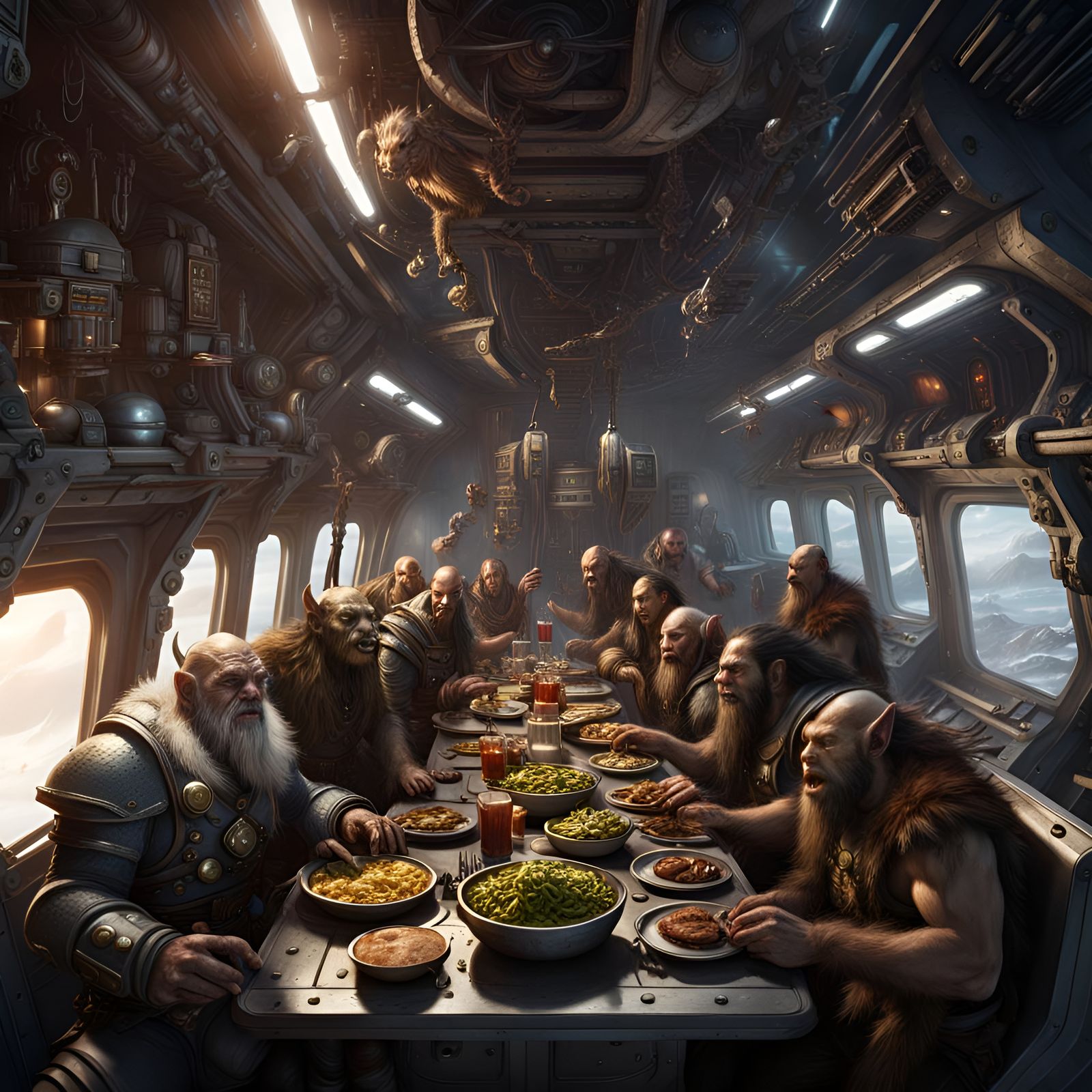 Fantasy Creatures Share Meal on Spaceship: Unreal Engine Art