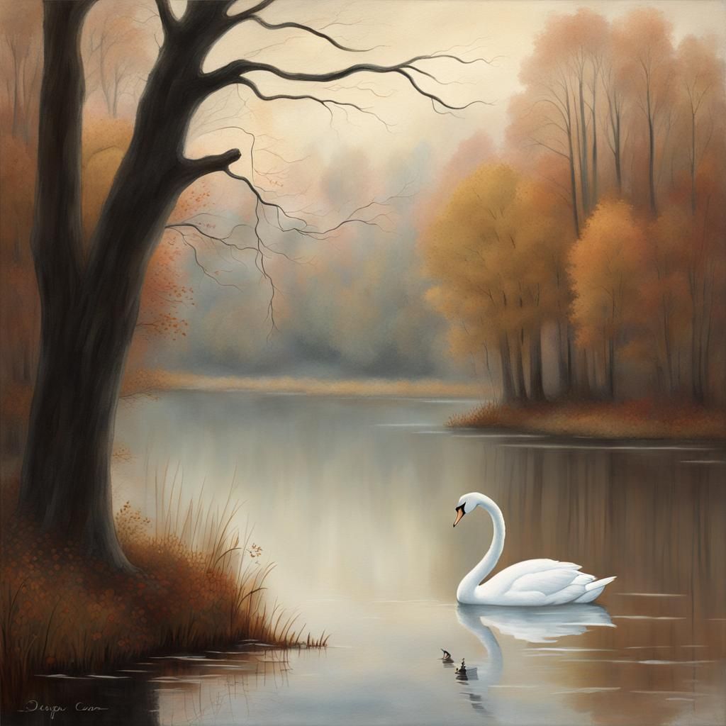 Dreamlike Autumn Scene with Swans in Impressionistic Style