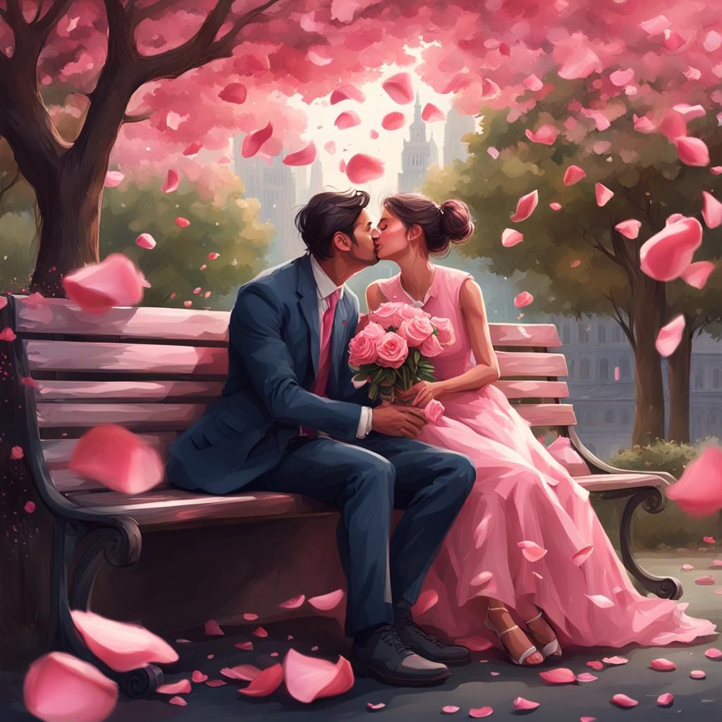 Romantic Kiss Amidst Falling Rose Petals