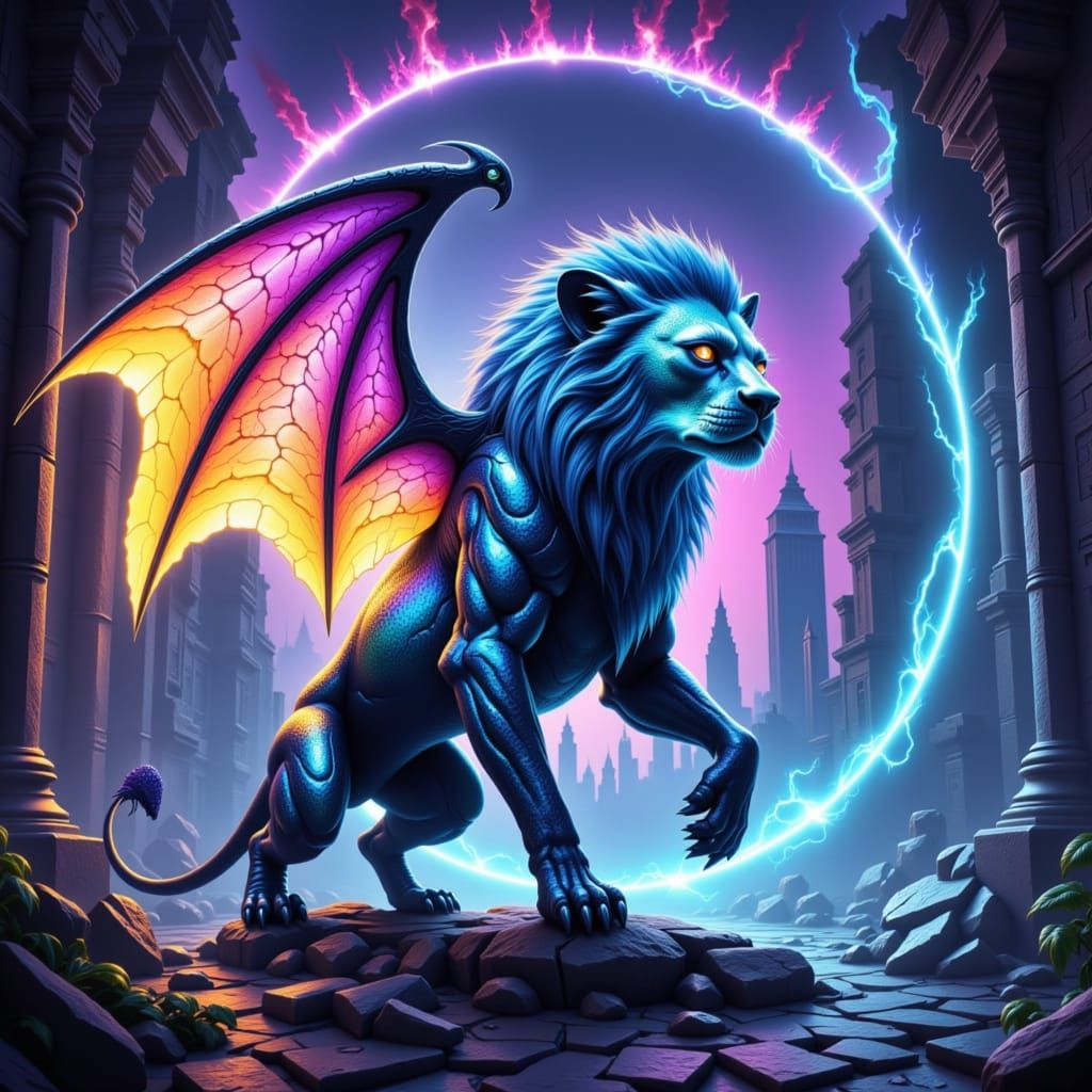 Winged Lion Alien Guarding Portal in Dreamlike Sci-Fi Style