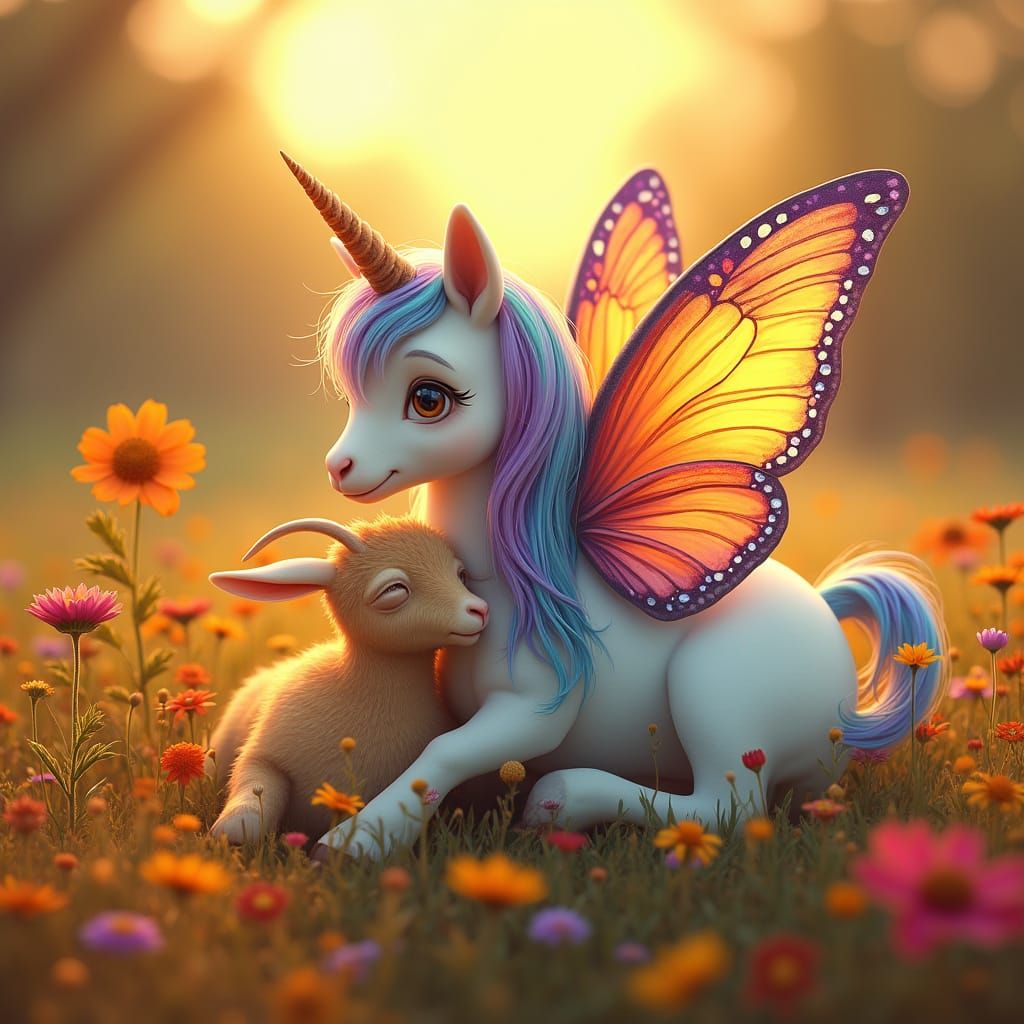 Rainbow Unicorn with Monarch Wings and Winged Goat in Whimsi...