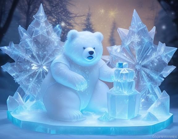 Snow Bear Elf Admires Ice Star Sculpture
