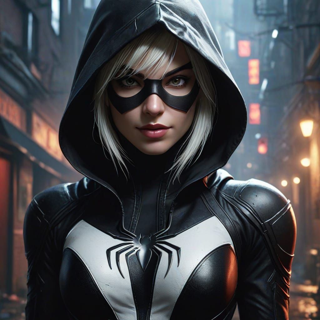 Hooded Spider Gwen in Dark Alley: Hyperrealistic Art