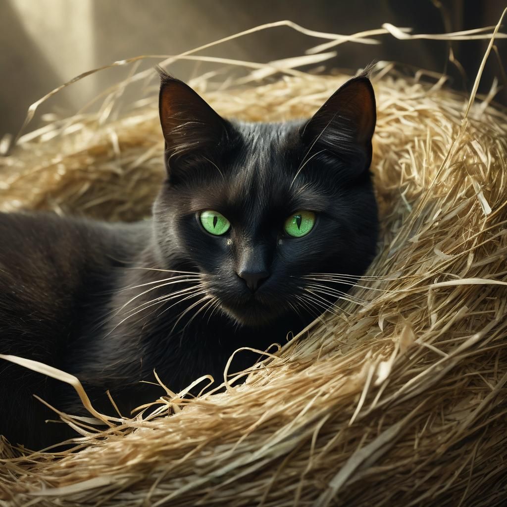 Fantasy Black Cat in a Straw Nest