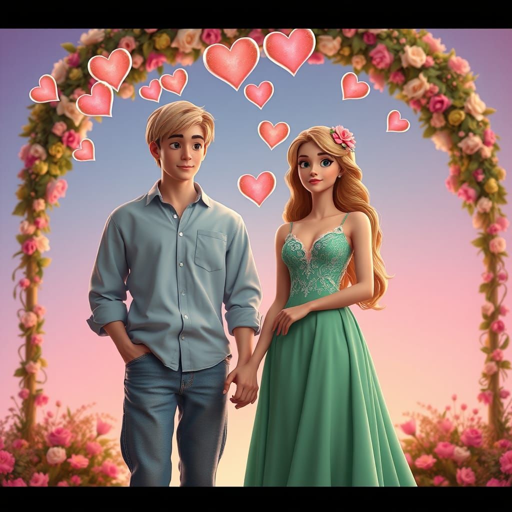 Romantic Couple Under Floral Archway in 3D Digital Art