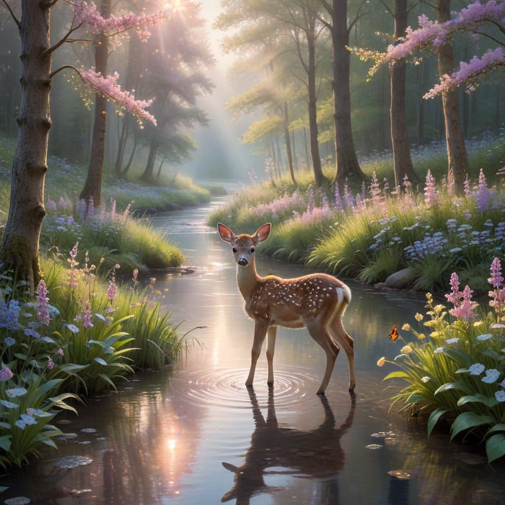 Enchanting Forest Dawn With Fawn and Sparkling Stream