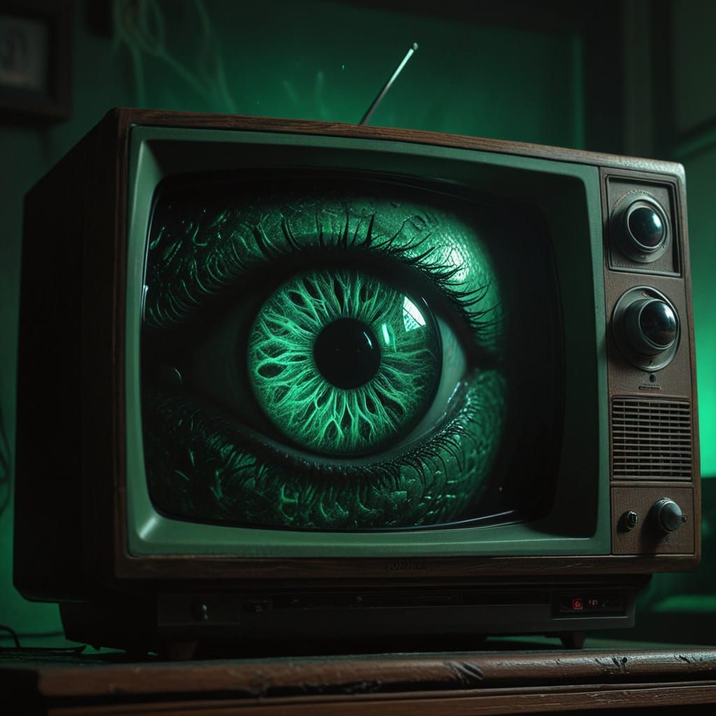 Eerie Eyeball Watches Through TV Static, Dark Surrealism