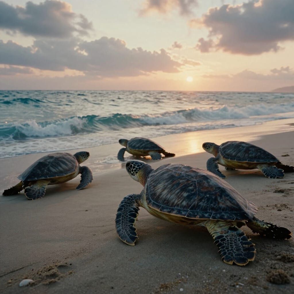 Sea Turtles Swim to Ocean at Sunset