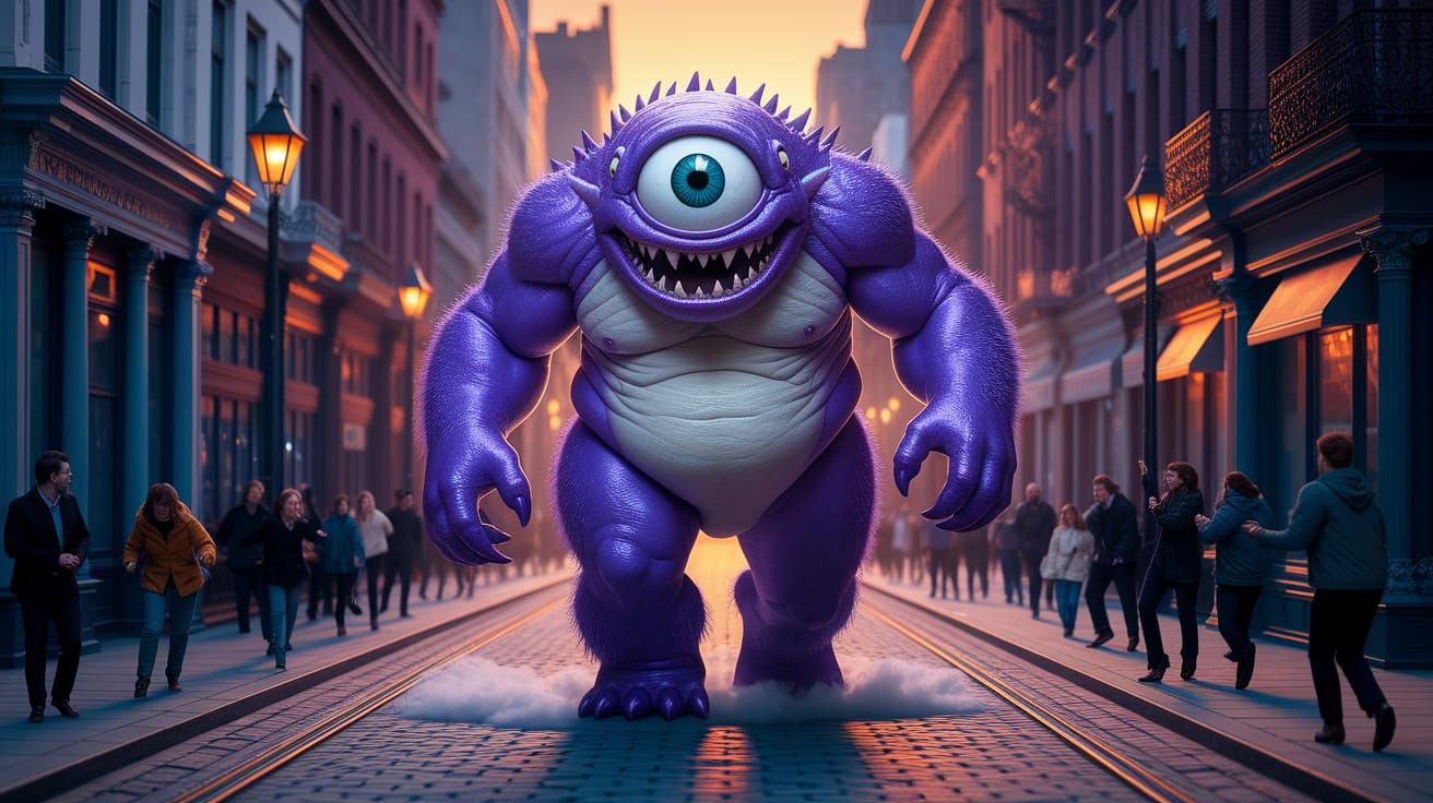 One-Eyed Purple Monster Chases People Down Cobbled Street