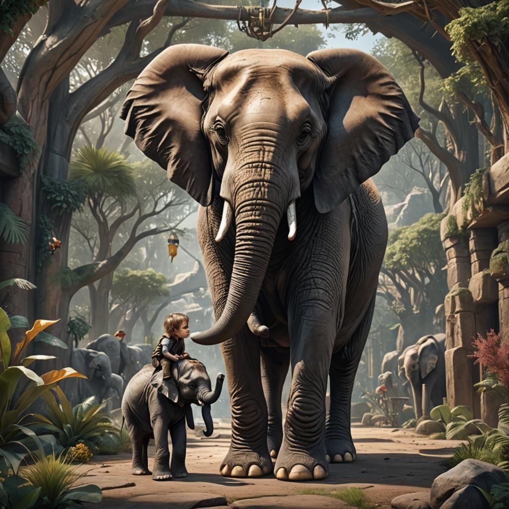 Elephant and Child in Zoo: Fantasy Concept Art