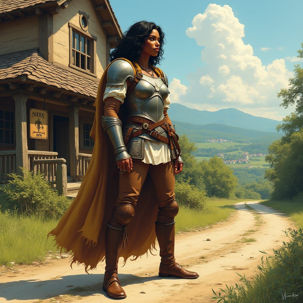 Confident Warrior Stands Outside Rustic Inn