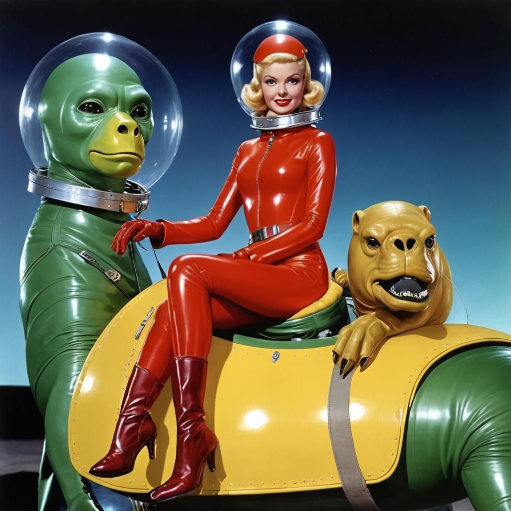 Retro Space Girl Rides Alien Creature in 1955