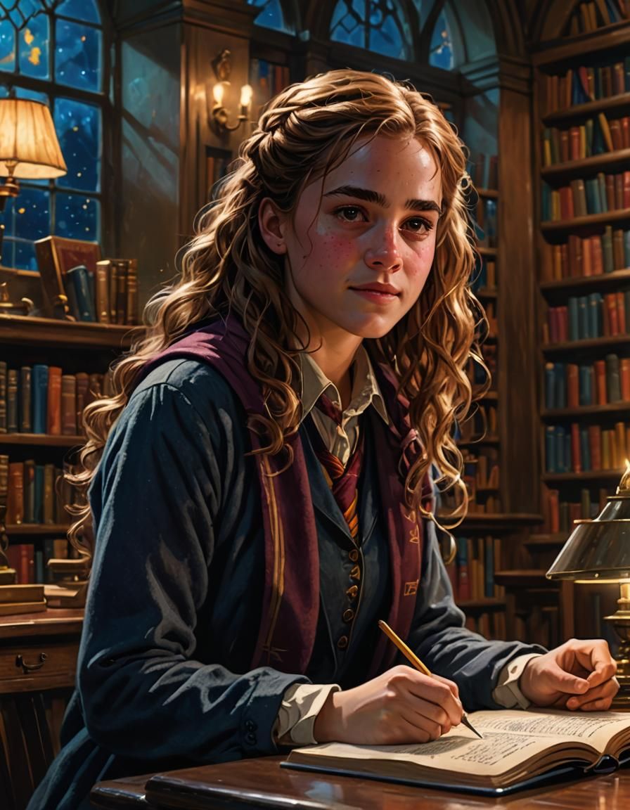 Hermione Granger Studying Late: Hyperrealistic Splash Art
