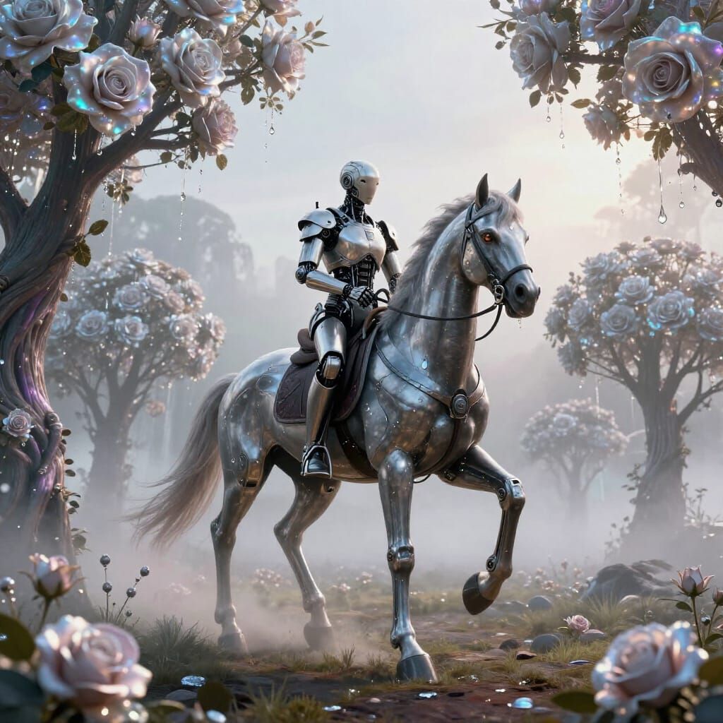 Cybernetic Rider on Metallic Horse in Misty Rose Steppe