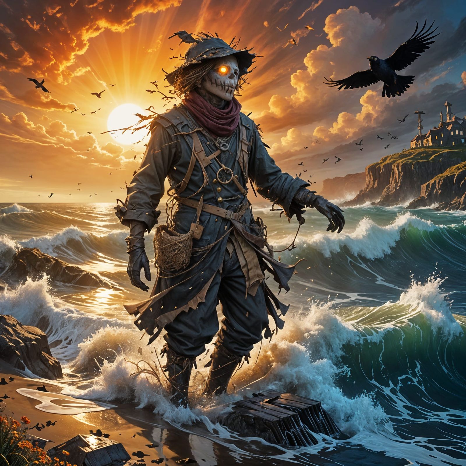 Hyperrealistic Scarecrow in Turbulent Coastal Waters