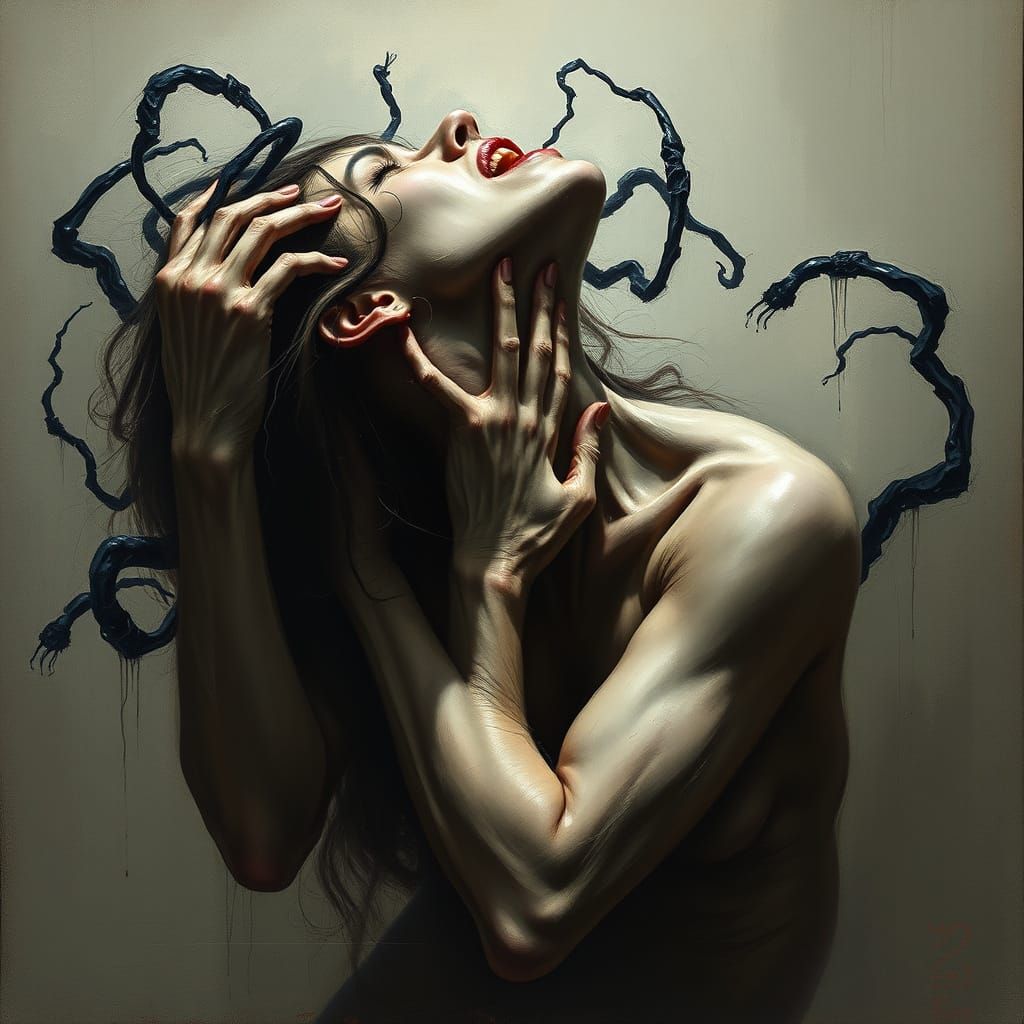 Woman Tormented by Dark Shadows in Haunting Monochromatic Ar...