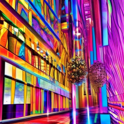 Intricate Cafe Interior with Neon Lights and Mirrors