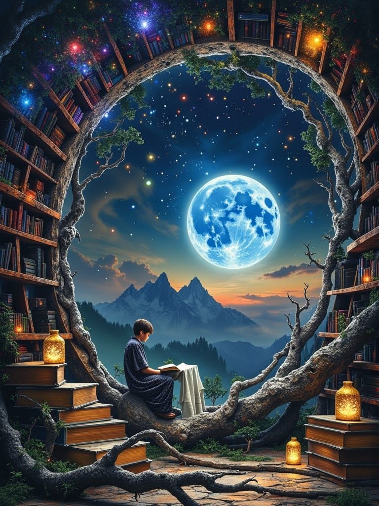 Mystical Forest Library Under Moonlight, Oil Painting