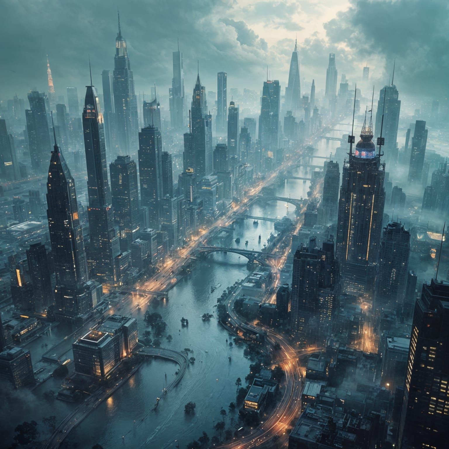 Futuristic Cityscape with Flooded Streets