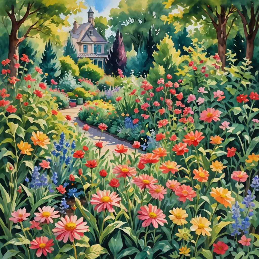 Impressionist Garden in Gouache Style, 8K