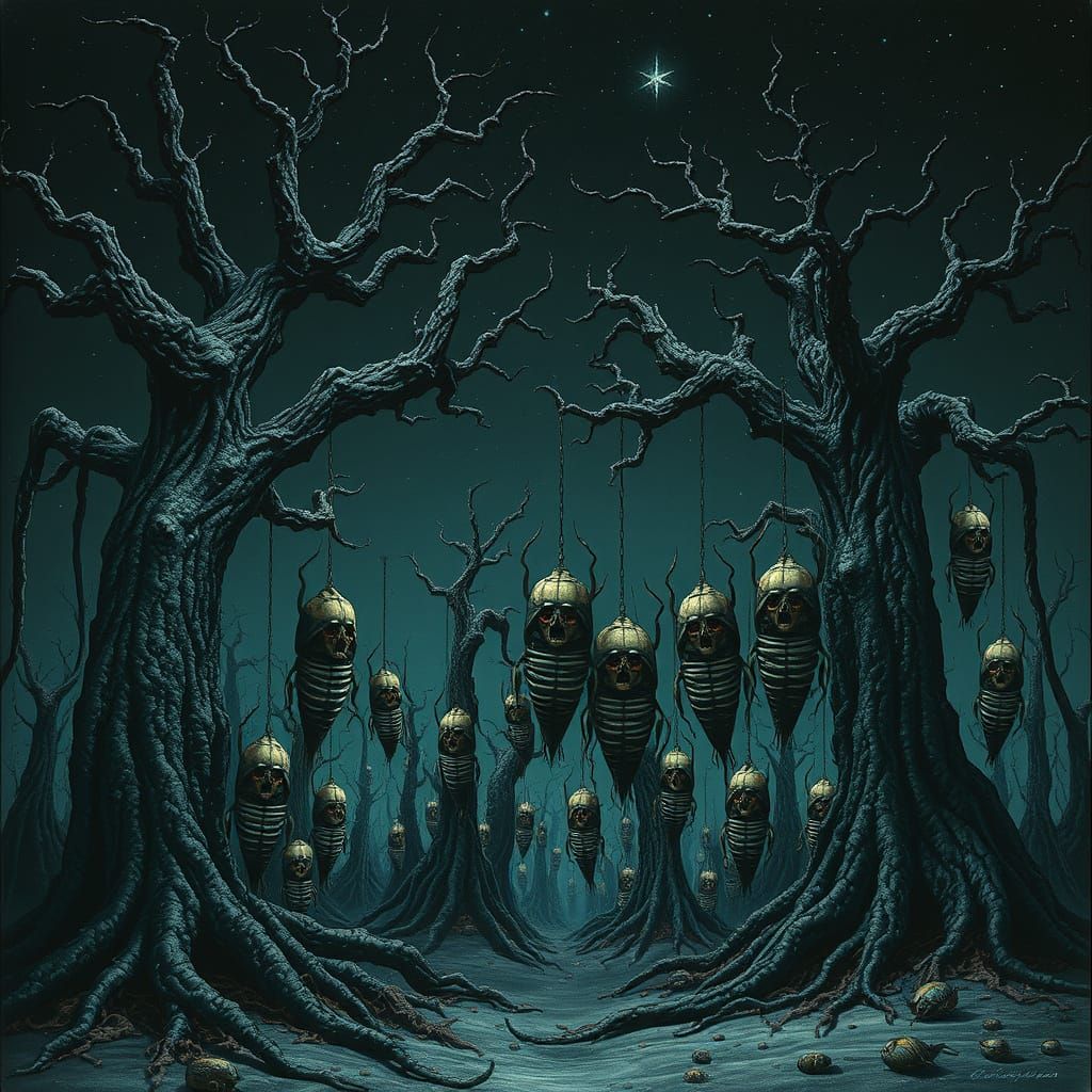 Surreal Insect Landscape with Cocooned Figures