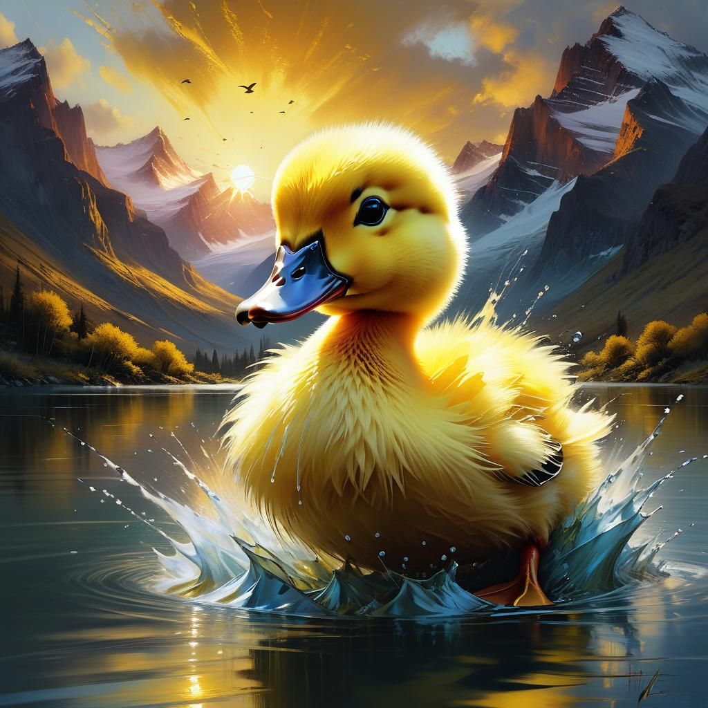 Fluffy Duckling Splashing at Sunset: Detailed Matte Painting