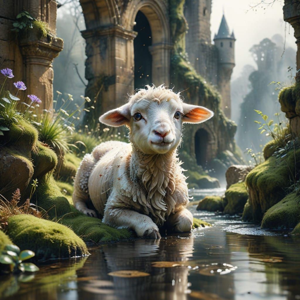 Nervous Lamb Near Castle Ruins in Watercolor Style