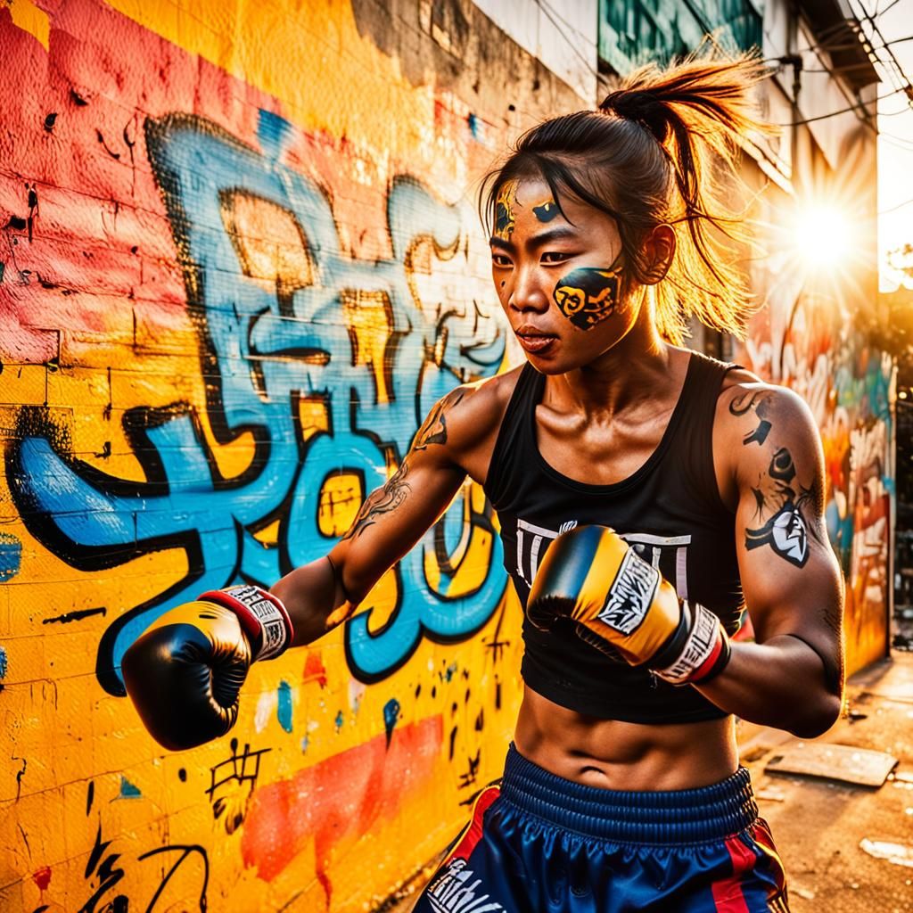 Dynamic Graffiti Art of Muay Thai Fighter in Bangkok