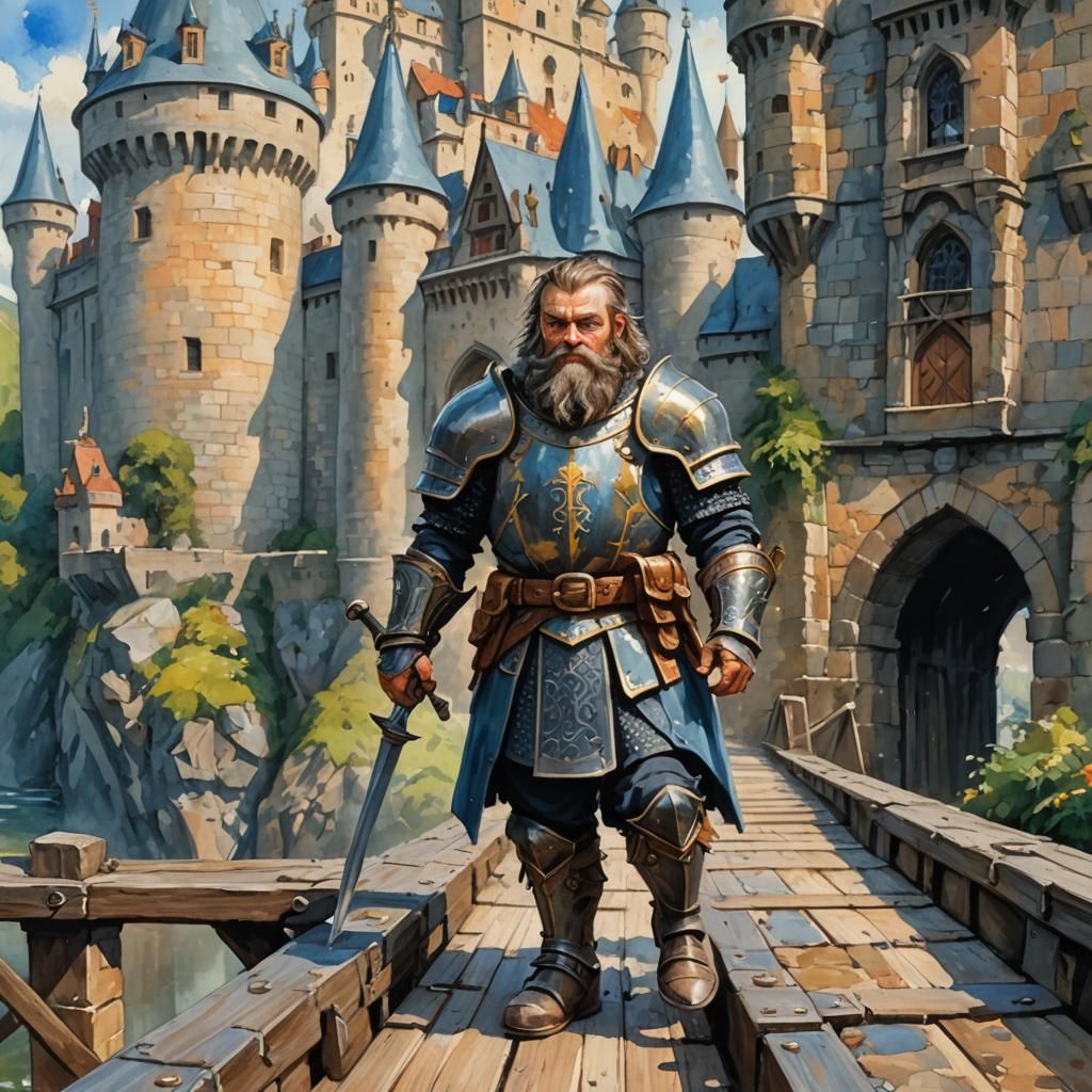 Dwarf knight on a drawbridge with a castle in the background