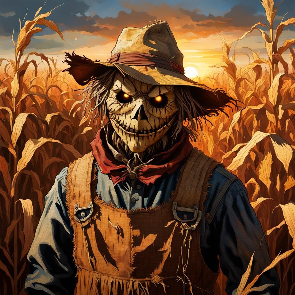 Menacing Scarecrow in Autumn Cornfield: Hyperrealistic Conce...