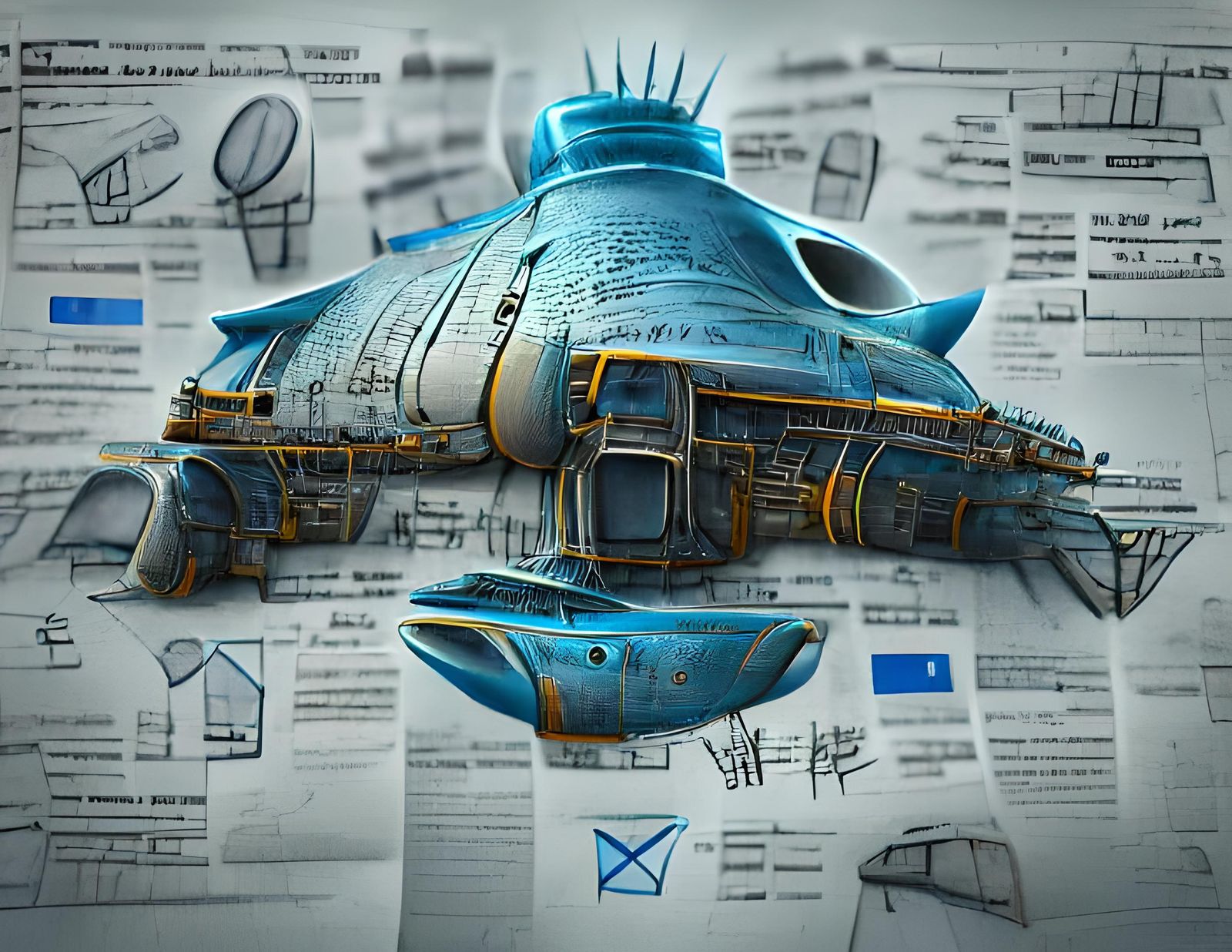 Detailed Starship Blueprint in Post-Apocalyptic Style