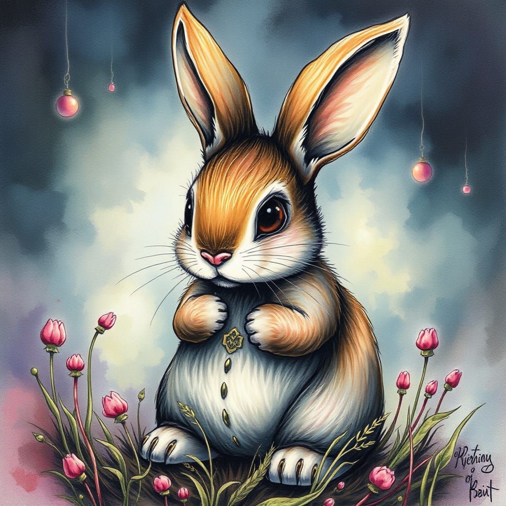 Vintage Storybook Rabbit in Turbulent Whimsy