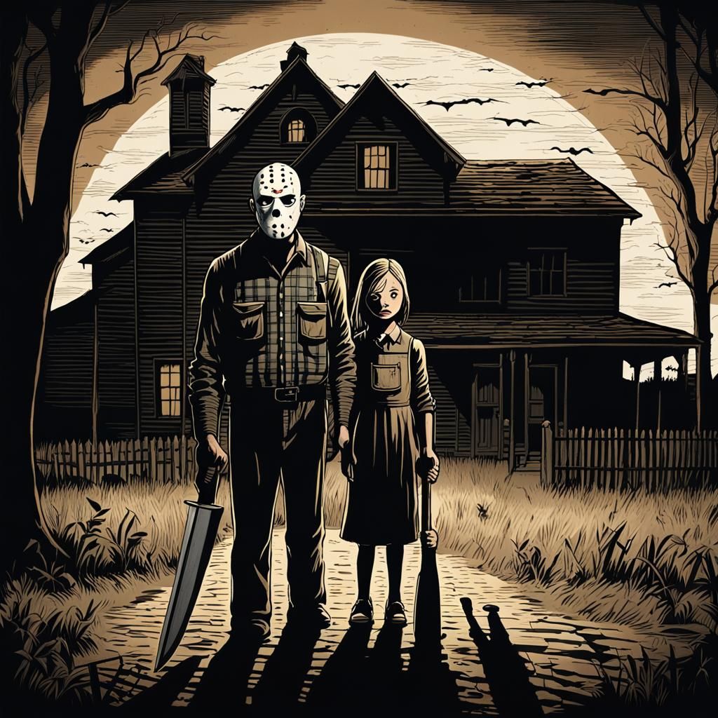 American Gothic Horror Parody in Chiaroscuro Lighting