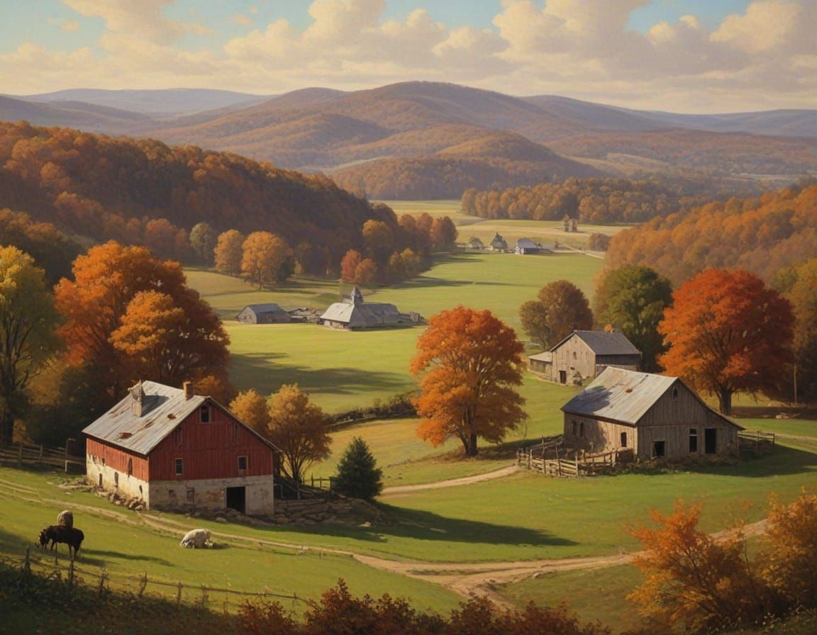 Autumn Farm Landscape in Bouguereau Oil Painting Style