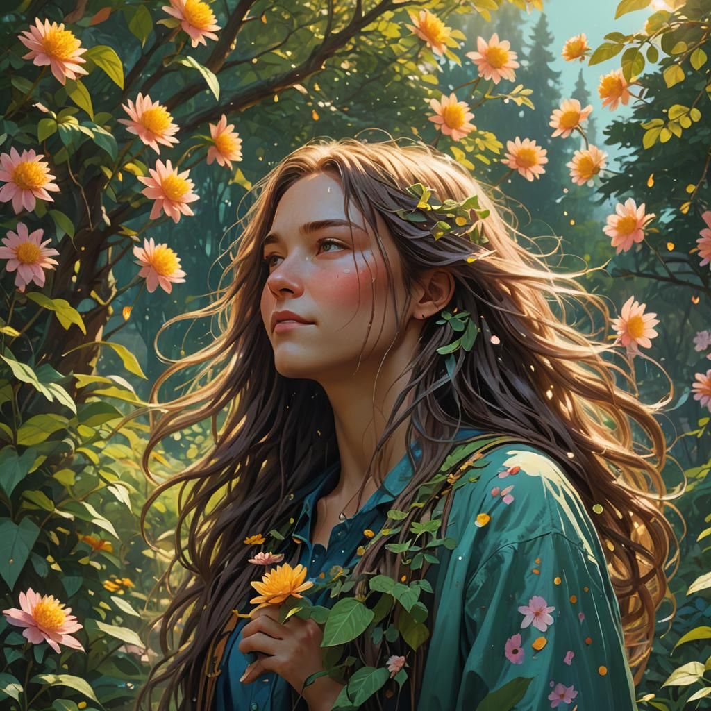 Serene Woman in Lush Garden, Digital Art Nouveau