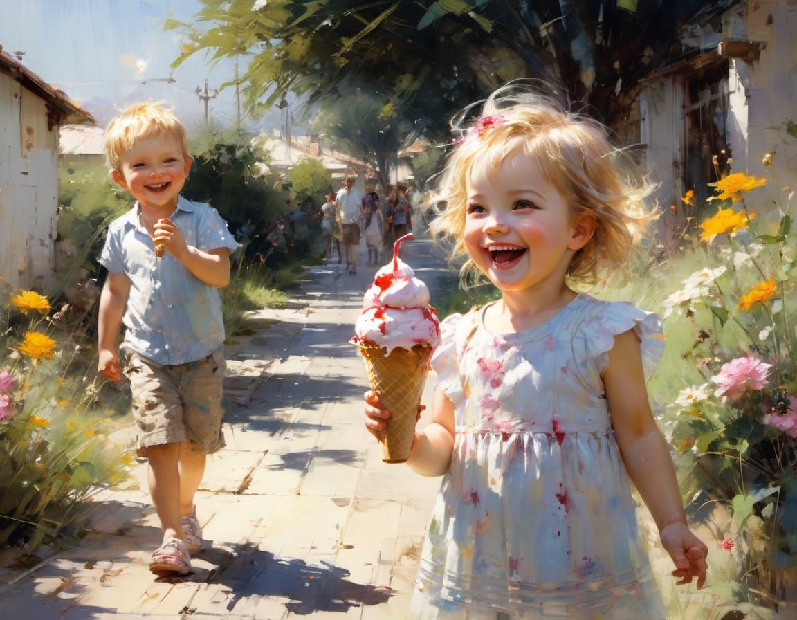 Toddler's Joyful Ice Cream Celebration: Fine Art Painting