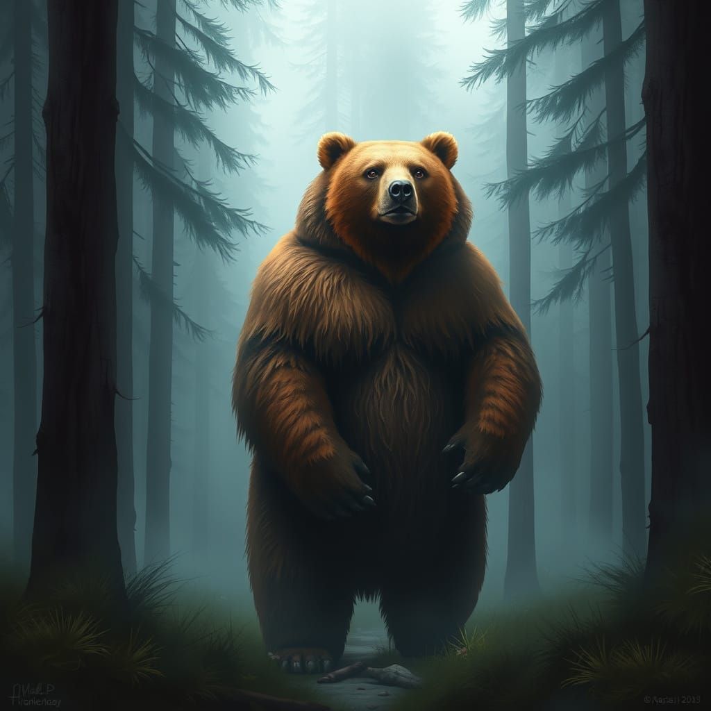 Majestic Bear in Misty Forest, Digital Painting